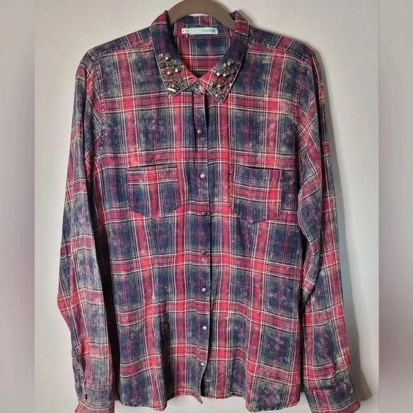 MAURICES Wmns XL Rustic red plaid jeweled collar Snap Shirt Western Rodeo - Picture 1 of 10